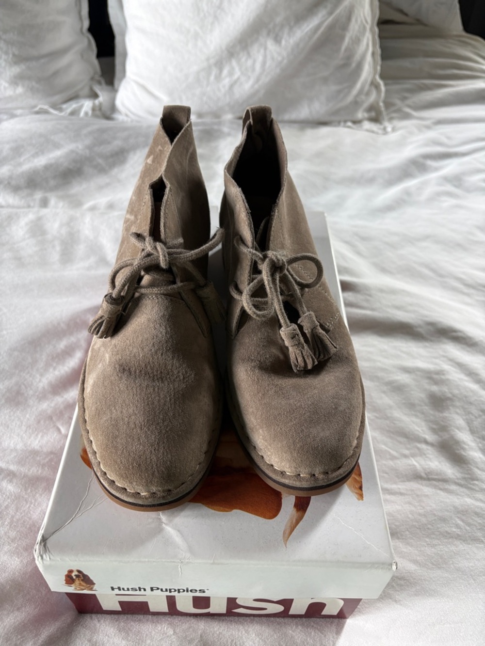 Hush Puppies Women's Taupe Suede Ankle Booties with Tassel Laces